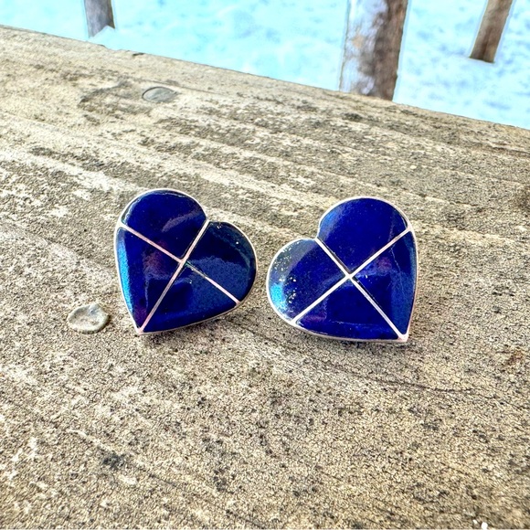 Southwestern Inspired Sterling Silver and Lapis Heart Earrings - Post Style - Picture 2 of 14
